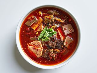 Zuppa piccante di frattaglie e sangue di anatra