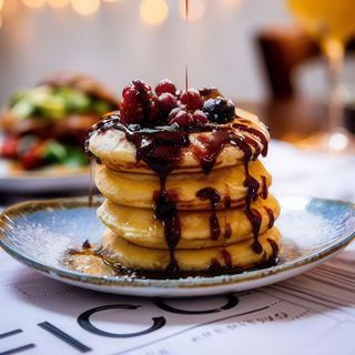 American breakfast - pancakes e sciroppo acero, bacon e uova strapazzate