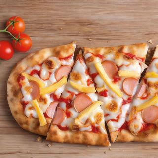 pinsa würstel, pomodoro mozzarella fiori di latte würstel