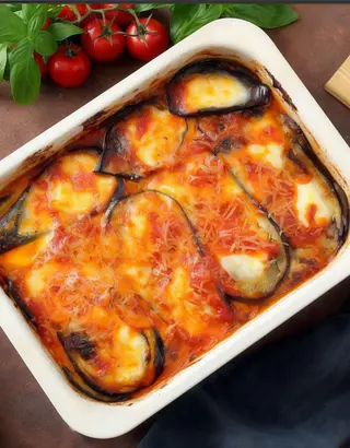 Parmigiana di melanzane, fior di latte e pomodoro 
