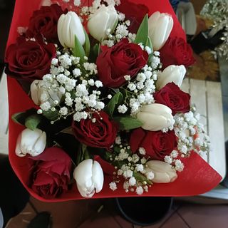 Rosa Rosso 9 pezzi tulipani bianchi 10 pezzi con gypsophila