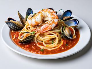 Spaghetti con cozze, vongole, gamberone e salsa di pomodoro