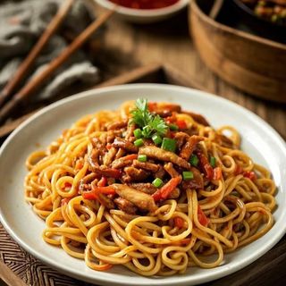 Spaghetti saltate con maiale