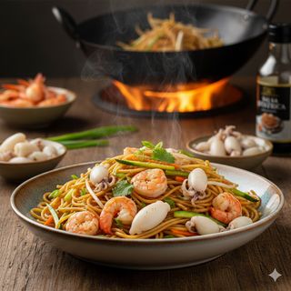 Spaghetti saltate con Gamberi e calamaretti