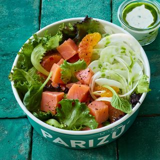 Salmone, stracciatella, finocchio, arancia + misticanza