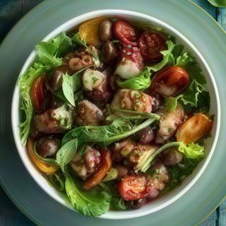 Polpo, pomodorini confit, olive taggiasiche e misticanza