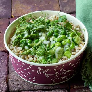 Piselli, asparagi, edamame, crema cacio e pepe + orzo