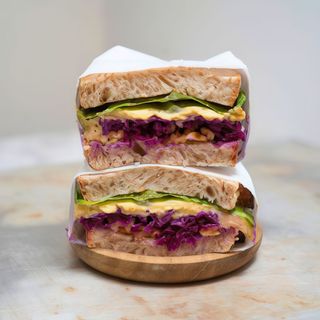 Vegan, hummus, marinated red cabbage, walnuts and lettuce