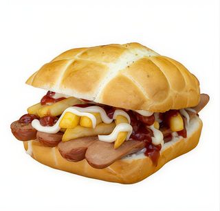 Panino con würstel e patatine