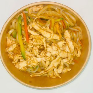 Udon saltato con carne di pollo