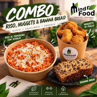 Riso al sugo con scaglie , fit nuggets e banana bread