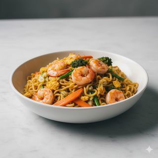 78 - Ramen saltati con gamberi, uova e verdura 虾仁炒拉面