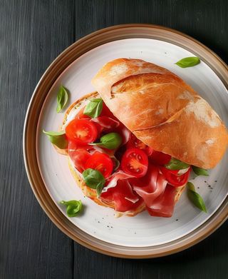 Pesto di basilico, pomodorini, grana, prosciutto crudo