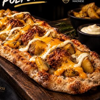 Pinsa Cheddar e polpette fritte