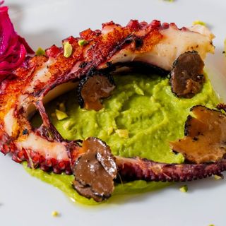 Polpo grigliato su crema di piselli, mandorle e cavolo viola marinato