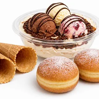 Bowl gelato da 750g con 2 gusti gelato 2 gusti di creme + Panna +1 granella, in omaggio 2 coni e 2 krapfen