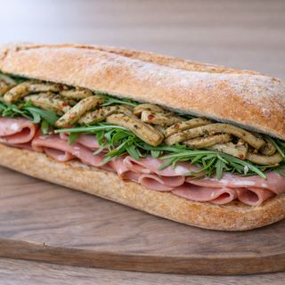 Ciabattina mortadella, rucola, melanzane a filetti