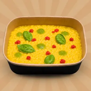 Risotto con pomodorino giallo battuto, gocce di pomodori rossi concentrati e gel al basilico
