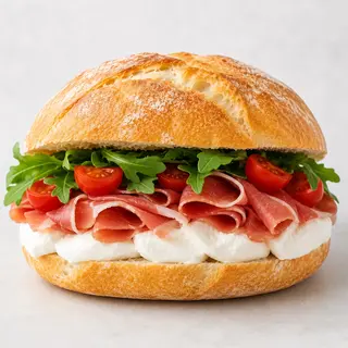 Rosetta Mozzarella di bufala ,crudo, rucola e pomodorini