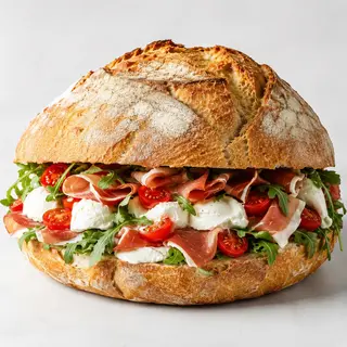 Pane cafone 800 gr, pezzo intero farcito con mozzarella di bufala ,crudo, rucola e pomodorini