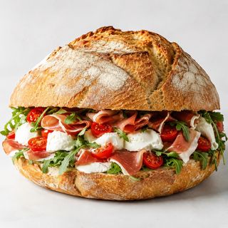 Pane cafone 800 gr, pezzo intero farcito con mozzarella di bufala ,crudo, rucola e pomodorini
