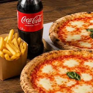 2 MARGHERITA 1 PORZIONE PATATE FRITTE 1COCA COLA 1,5LT