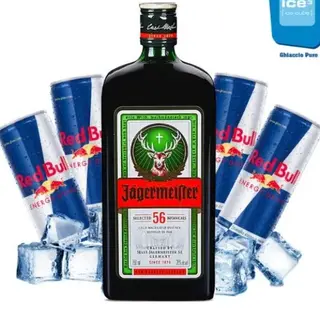 Jager bomb ( 1 jagermaister+ 3 Redbull + 1 kg ghiaccio+ 5 biacchieri 35cl)