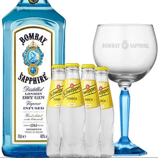 Gin tonic Bombay ( 1 Bombay sapphire+ 1 litro di shweppes+ 1kg di ghiaccio+ 5 bicchieri)