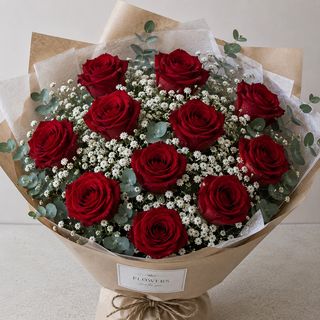 9 Rose rosse gypsophila eucalipto