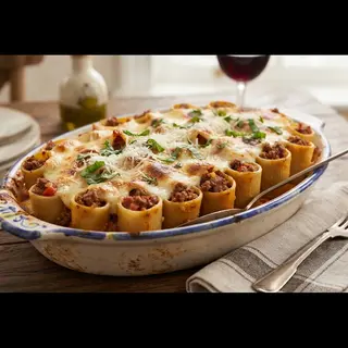 Paccheri strasciati con besciamella e ragù
