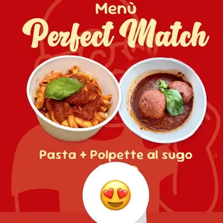 1 Pennetta al ragù + 1 porzioni di 2 Polpette al sugo