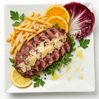 Tagliata di manzo servito con rucola e scaglie di trentingrana