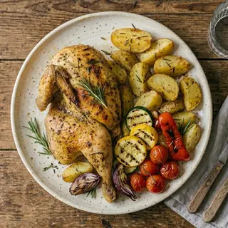 Mezzo pollo + patate + verdure del giorno