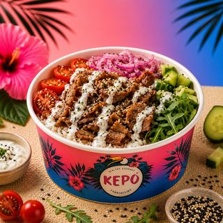 Kepo Gyros - Riso Basmati, Gyros Chicken, pomodori, cipolla, cetrioli, rucola, salsa greca, sesamo