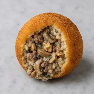 Arancino salsiccia, fubghi, crema tartufo e noci