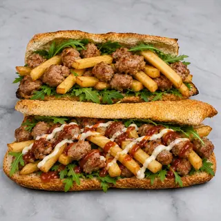 Salsiccia, patatine fritte, rucola, salse e mozzarella