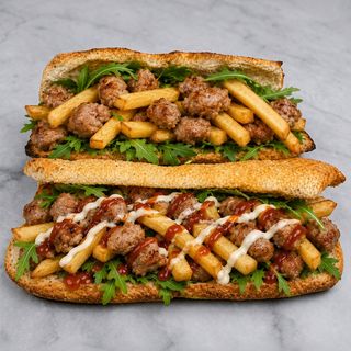 Salsiccia, patatine fritte, rucola, salse e mozzarella