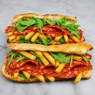 Ventricina, patatine fritte, rucola e mozzarella