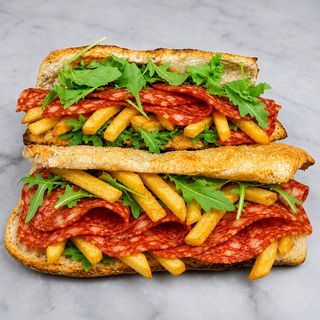 Ventricina, patatine fritte, rucola e mozzarella