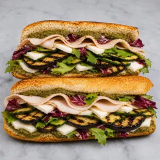 Petto di tacchino, melanzane grigliate, zucchine grigliate, insalata mista, pesto e mozzarella