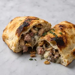 Maxi calzone salsiccia, crema di tartufo, funghi e noci