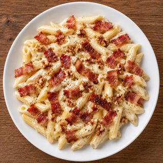 Penne con Crema alle Noci e Speck Croccante