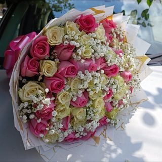 40pcs of pink and white roses mixed with gypsophila 