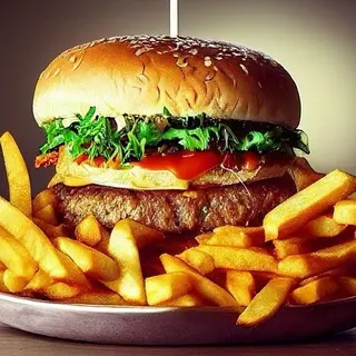 beef burger with chips