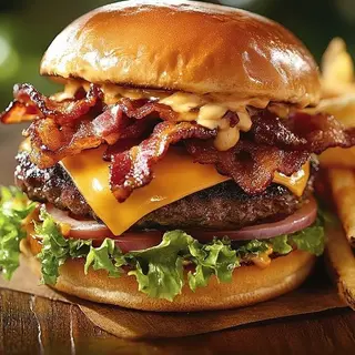 Beef burger topped with bacon