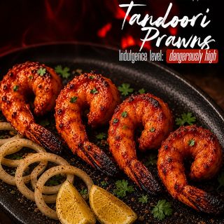 Tandoori Queen Prawns (4 Pieces) with Chips or Naan