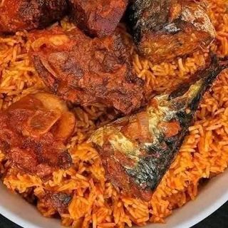 Jollof rice with beef and titus fish 