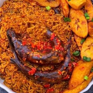 Jollof rice Plantains and titus fish 