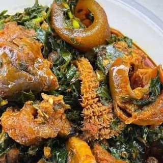 Eforiro mixed with pomo, shaki, beef, titus fish 
