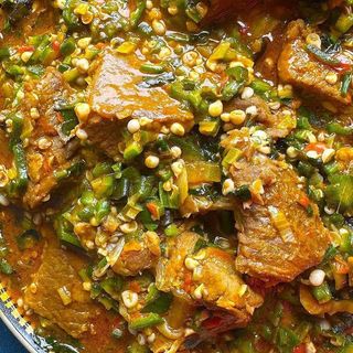 Okro mixed with beefcubes 